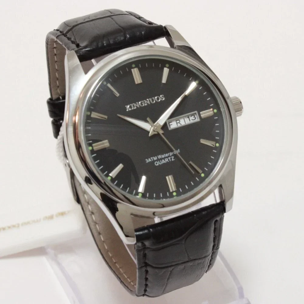 Men's Contemporary Dress Watch Silver Case Black Leather Watch Strap 40mm